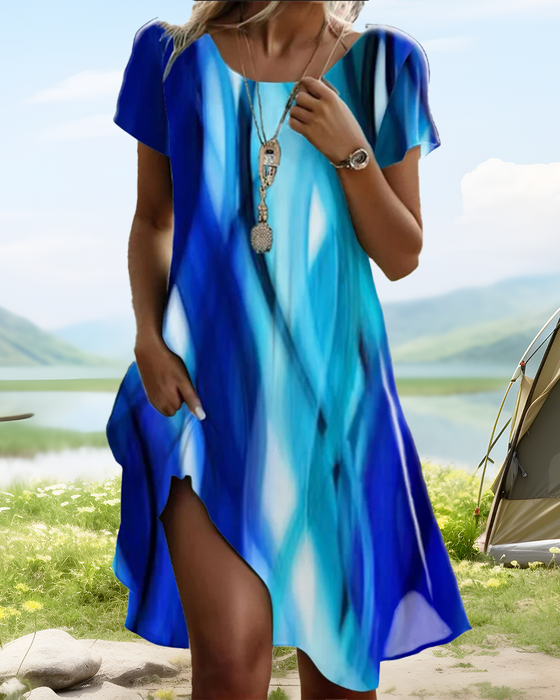 Kleid Puffärmel Tie-Dye Rundhals