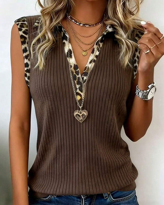 Bluse Revers Leopard Druck Ärmellos Gerippt