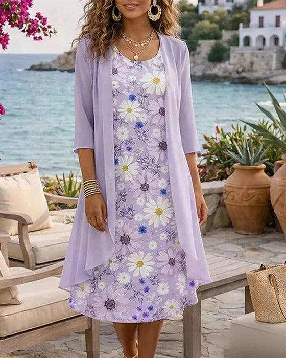 Set Blumiges Ärmelloses Kleid Überwurf