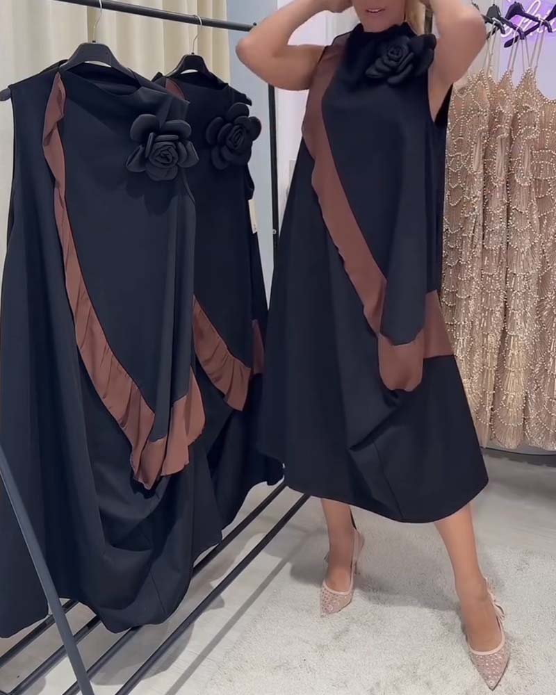 Kleid Dreidimensional Blütenblatt Rüsche Farbkontrast Ärmellos