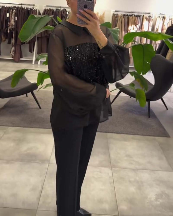 Bluse Uni-Farbe Puffärmel Kragen