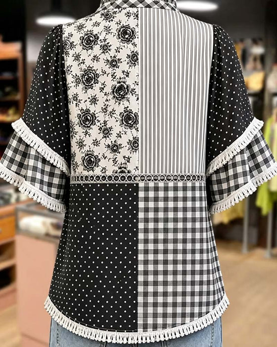 Bluse Mandarin Kragen Polka Dot Karo