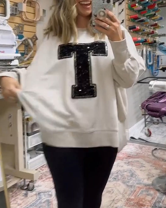 Sweatshirt T-Design Pailletten Bestickt Rundhals