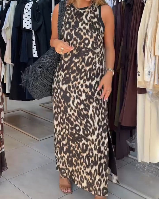 Kleid Rundhals Leopardenmuster Ärmellos Maxi