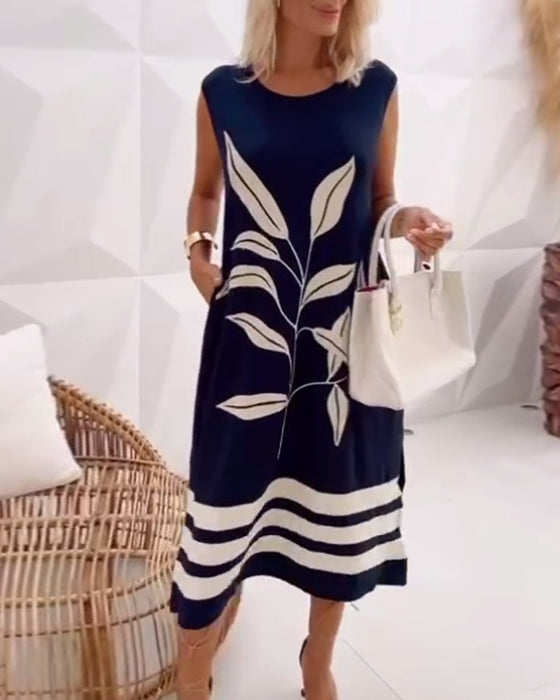 Kleid Elegant Ärmellos Blattmuster