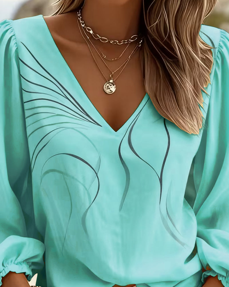 Bluse V-Ausschnitt Linie Bedruckt Puffärmel