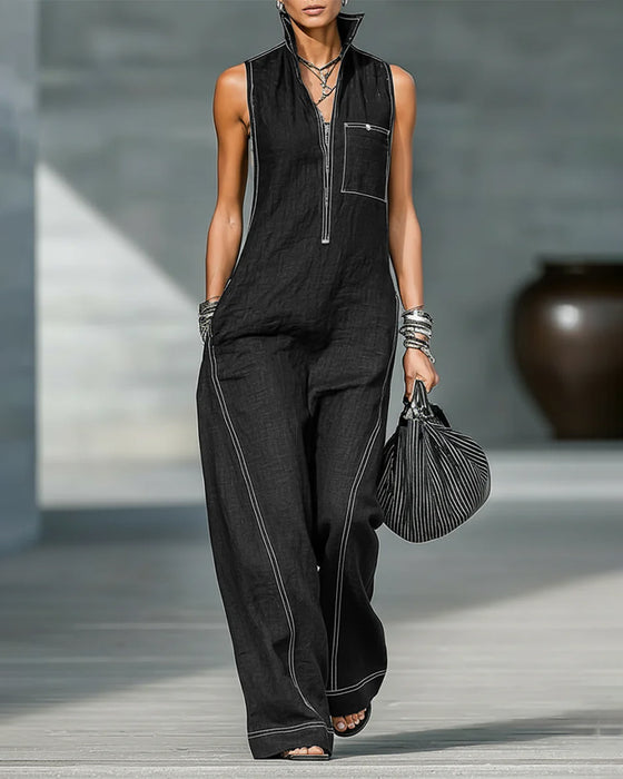 Jumpsuits Mandarin Kragen Ärmellos Schwarz Und Weiß Breites Bein