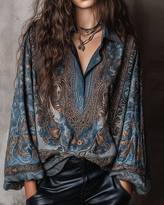 Bluse Retro Druck V-Ausschnitt Revers Raffiniert