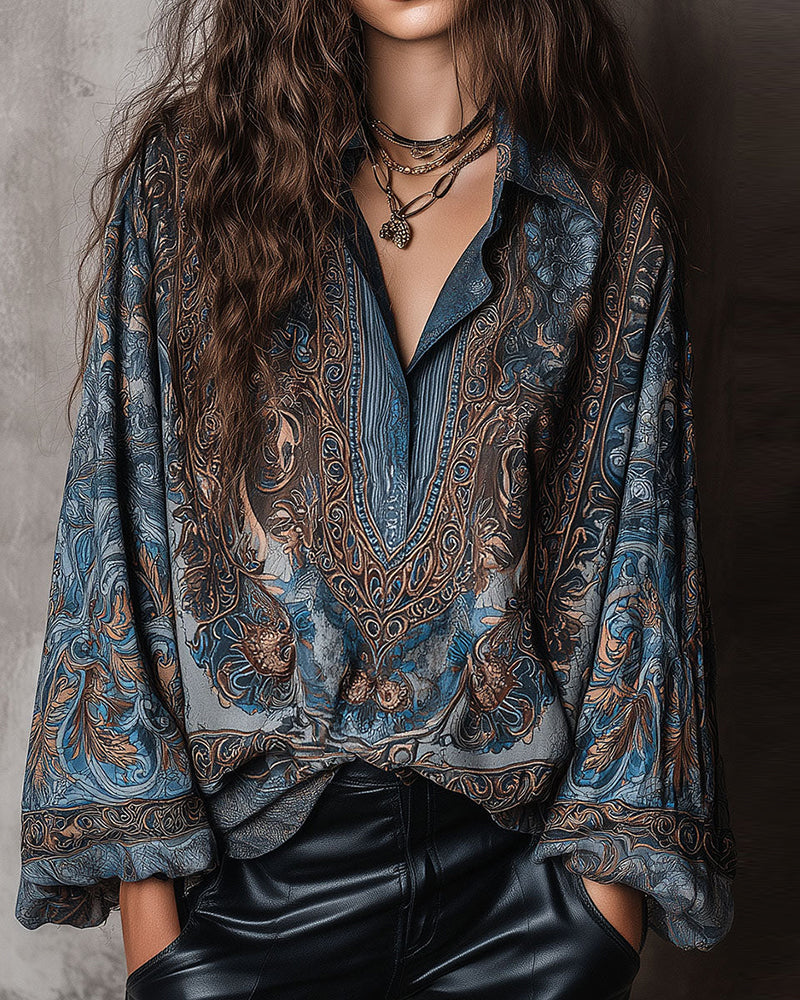 Bluse Retro Druck V-Ausschnitt Revers Raffiniert