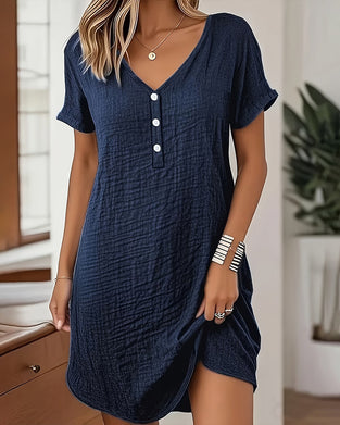 Kleid V-Ausschnitt Plissiert Kurzarm Gerade