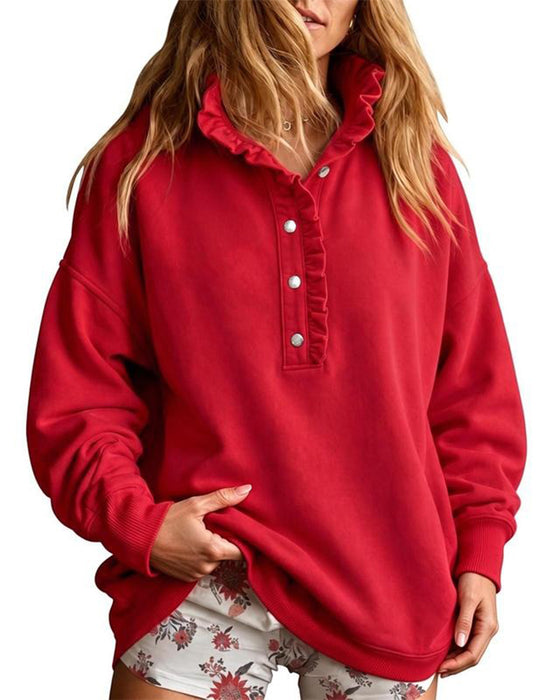 Sweatshirt Rüsche Geknöpft Langarm Locker