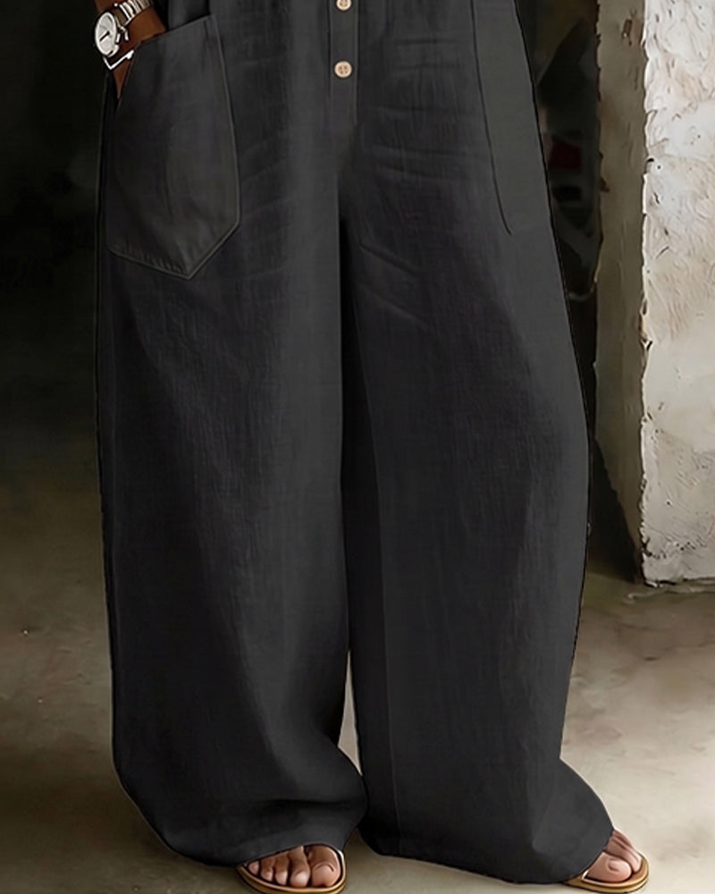 Jumpsuit 100% Baumwolle Reverskragen Casual Weites Bein