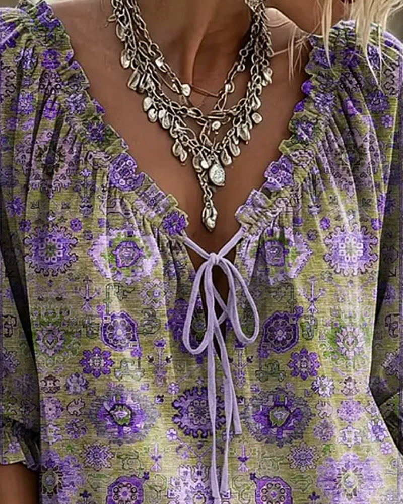 Bluse V-Ausschnitt Bindung Vintage Print