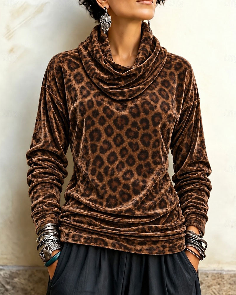 Top Leopardenmuster Rollkragen Samt Langarm