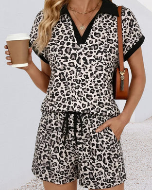 Set V-Ausschnitt Leopard Druck Kordelzug Lässig