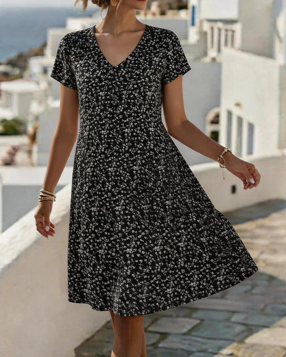 Kleid Blumig V-Ausschnitt Voll Rock