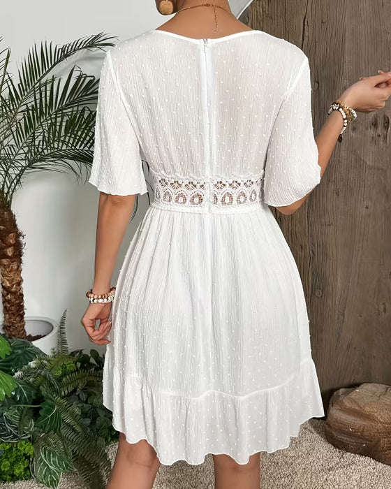Kleid V-Ausschnitt Spitzenbesatz Taille A-Linie