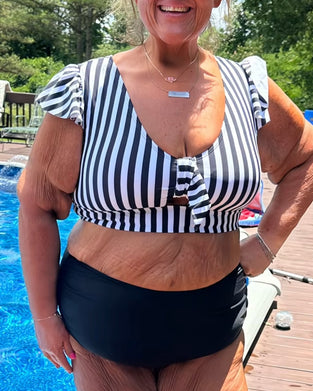 Bikini Gestreift Schmetterlingsärmel U-Ausschnitt