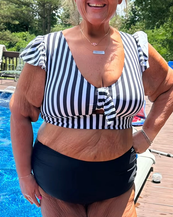 Bikini Gestreift Schmetterlingsärmel U-Ausschnitt