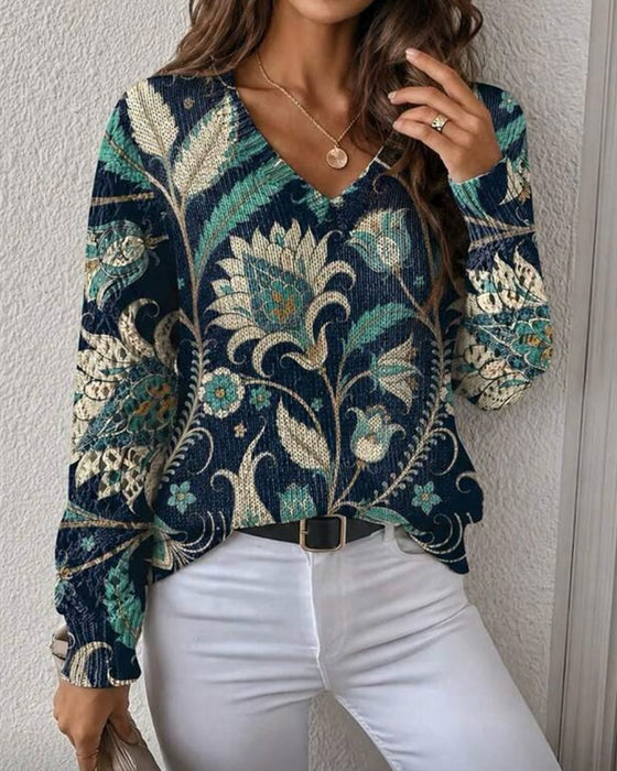 Pullover V-Ausschnitt Langarm Blumen Druck