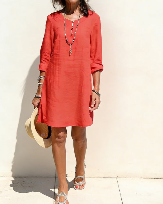 Kleid Halbe Knopfleiste Seitenschlitz Baumwolle Und Leinen