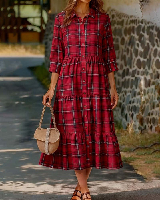 Kleid Plaid Sieben-Viertel Ärmel Gestuft