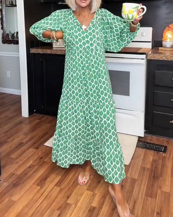 Kleid Diamant Druck V-Ausschnitt Maxi Gestuft