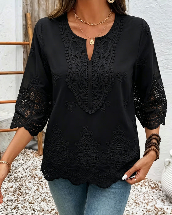 Blusen Sexy Durchbrochene Spitze V-Ausschnitt