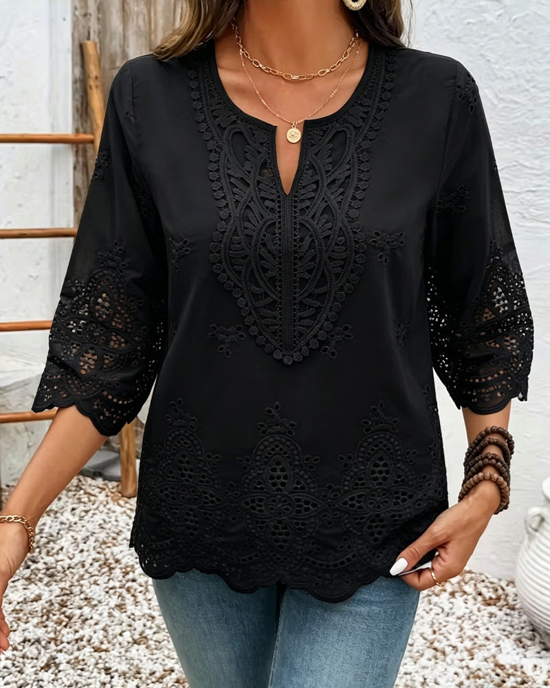 Blusen Sexy Durchbrochene Spitze V-Ausschnitt