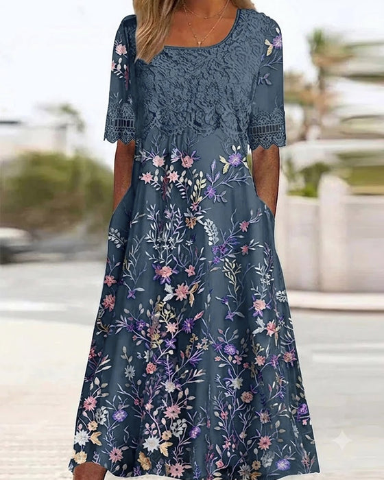 Kleid Spitze Blumenmuster Patchwork A-Linie
