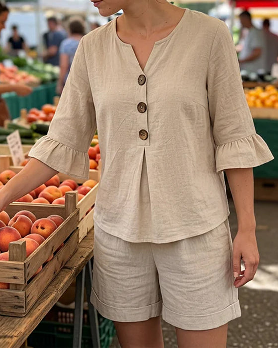 Set Rüsche Knopf Kurzer Ärmel Shorts