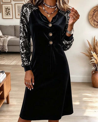 Kleid Kleiner V-Ausschnitt Pailletten Ärmel