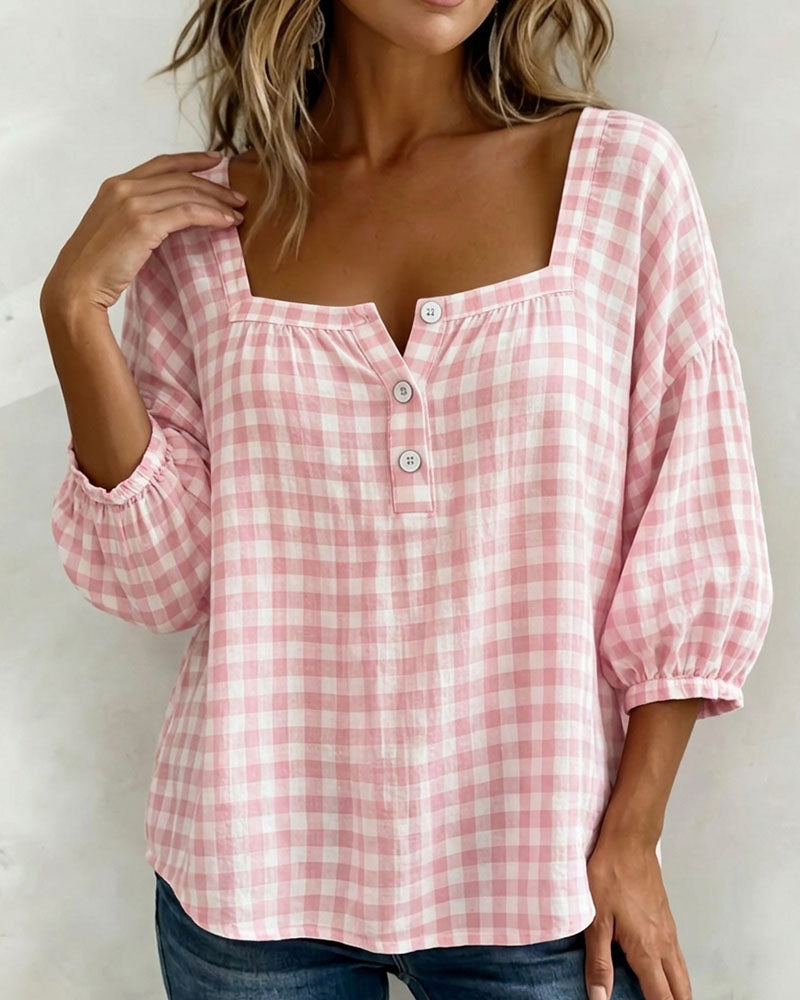 Bluse Quadratischer Ausschnitt Knopfleiste Karo