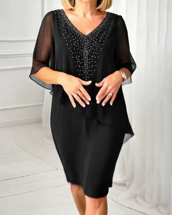 Kleid Lässig V-Ausschnitt Rhinestone