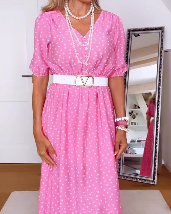Kleid V-Ausschnitt Knopf Tupfen Figurbetonte Taille