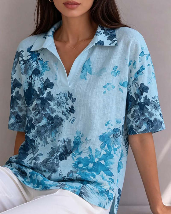 Bluse Tinte Waschen Blumig Revers Halbe Knopfleiste