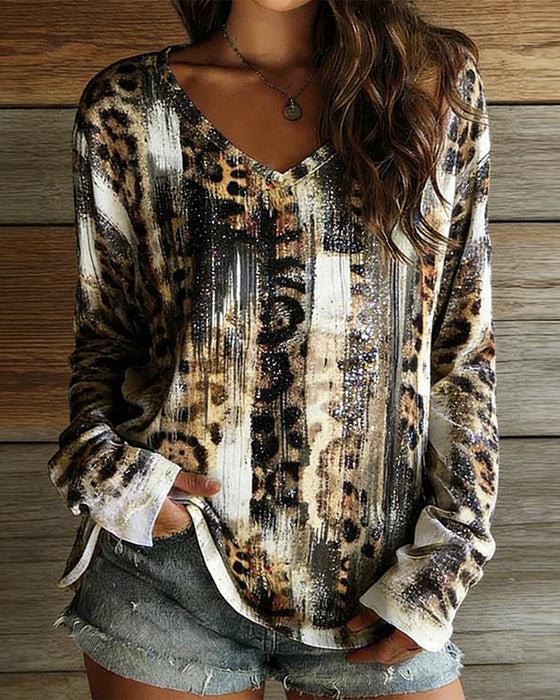 T-Shirt V-Ausschnitt Leopardenmuster Gradient Langarm