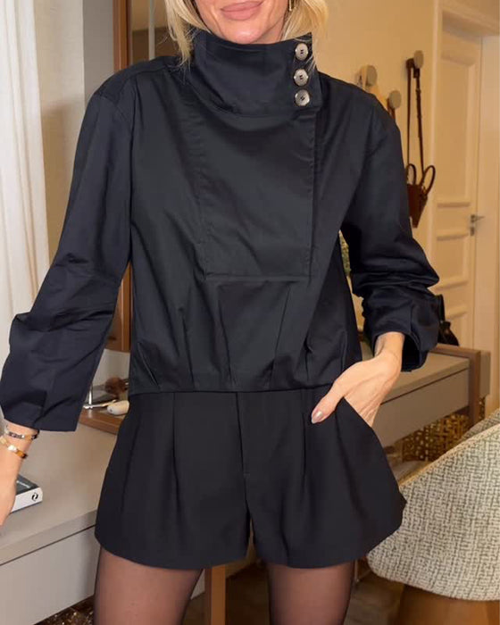 Bluse Asymmetrischer Stehkragen Diagonaler Knopf