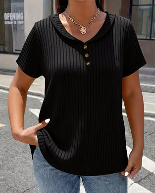 T-Shirt Gerippt V-Ausschnitt Mini-Revers Kurzarm