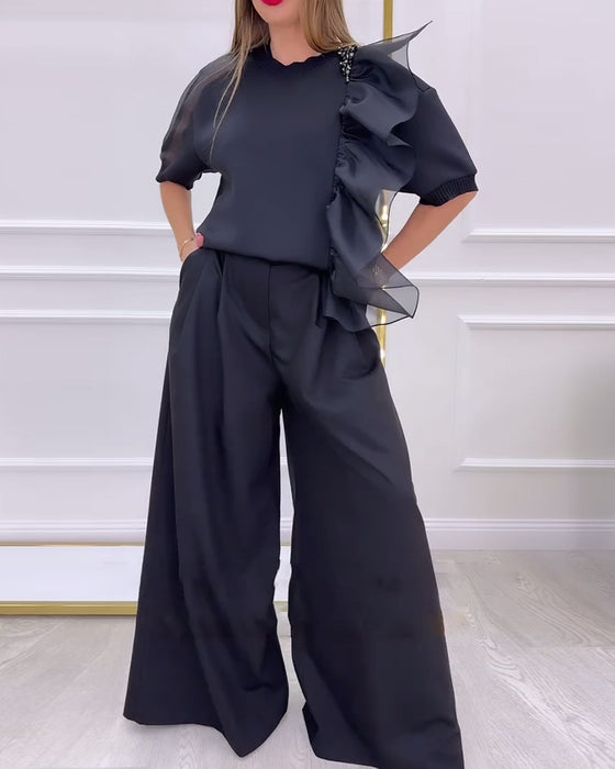 Bluse Rundhals Puffärmel Rüschen Layer-Look