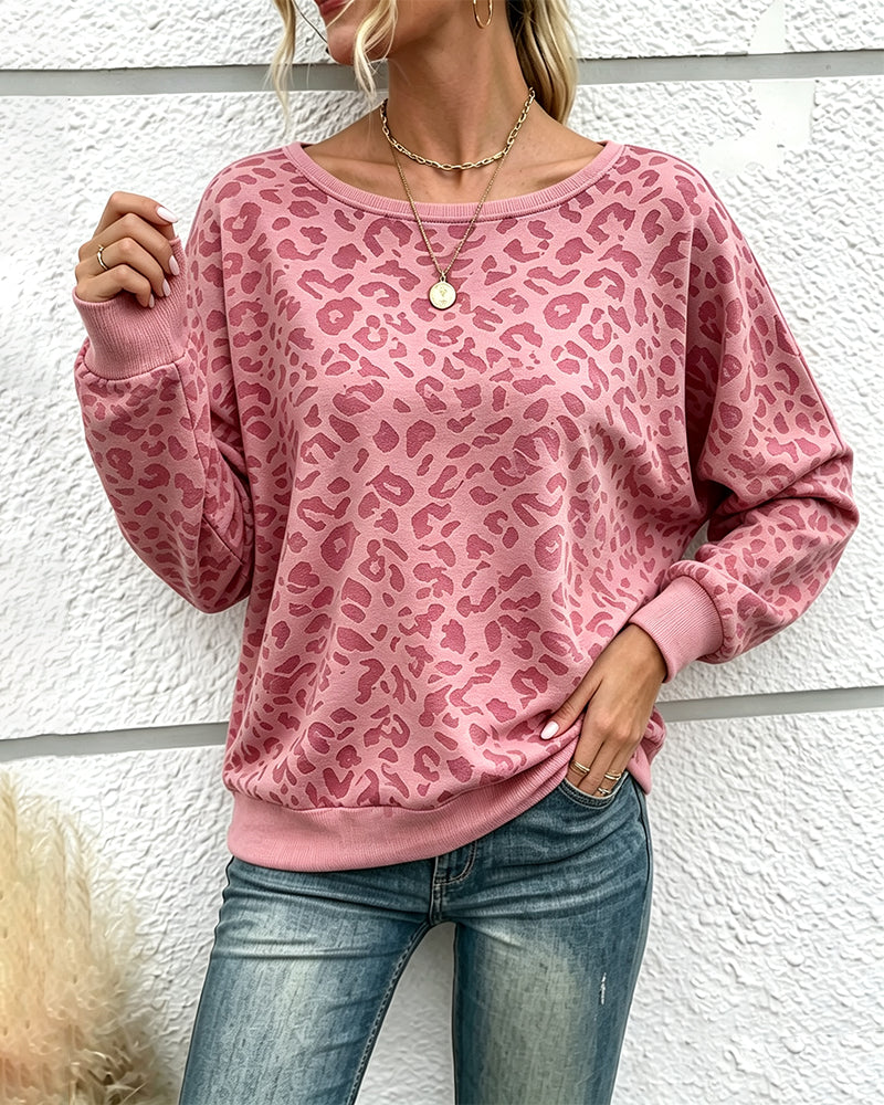 Pullover Sweatshirt Leopard Rundhalsausschnitt Drop Schulter