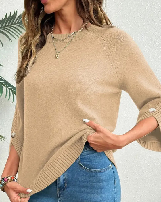 Pullover Rundhalsausschnitt Knopfleiste Glockenärmel