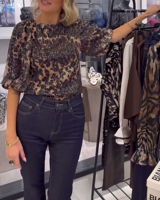 Bluse mit Laternenärmeln Pailletten Leopardenmuster