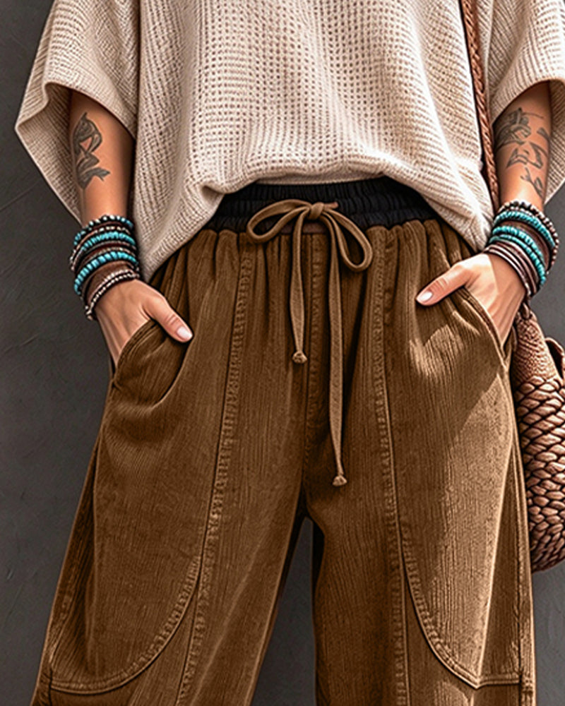 Hose Gummizug Taille Farbblock Cropped Weites Bein