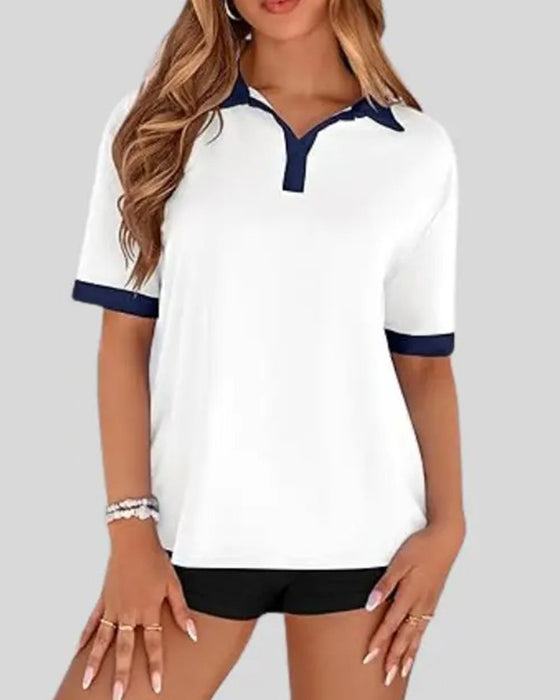 T-Shirt Polo Kragen Farbblock Kurzarm