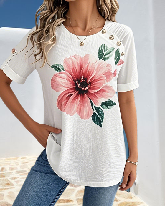 Bluse Rundhals Blumendruck Kurzarm