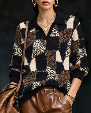 Pullover Mit Kragen V-Ausschnitt Leopardenprint Farbblock