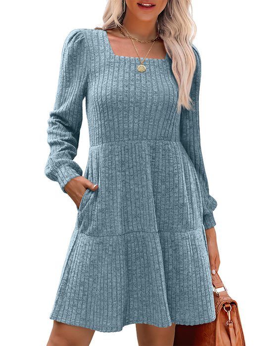 🍂2025 Herbst Neue Kollektion⏰ Damenkleid mit Quadrat-Ausschnitt, Laternenärmeln und Rippstruktur