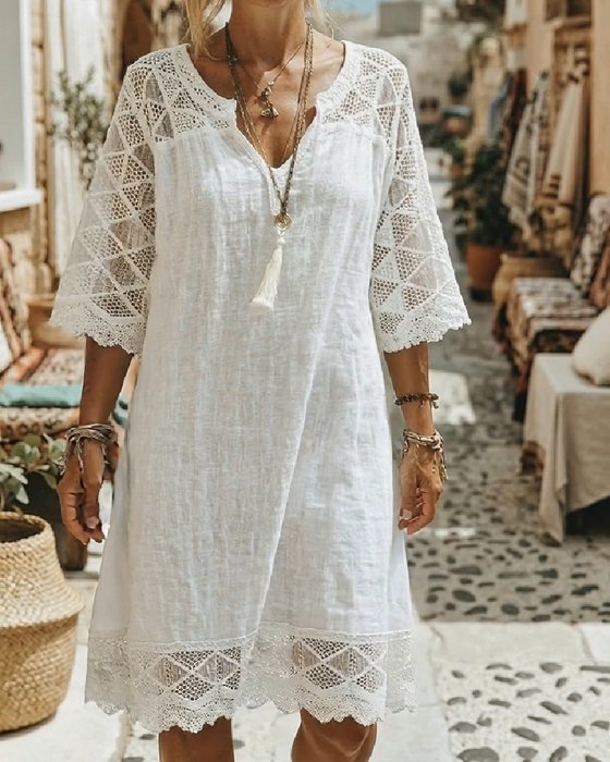 Kleid V-Ausschnitt Spitze Patchwork Lässig