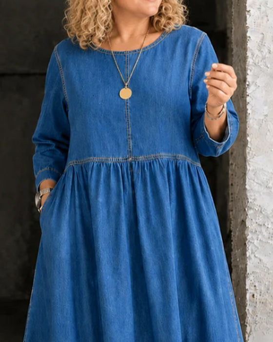 Kleid Rundhals Plissiert Langer Ärmel Denim